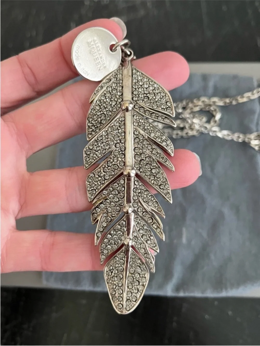 Alexander McQueen Antique Silver Pave Crystal Feather Necklace